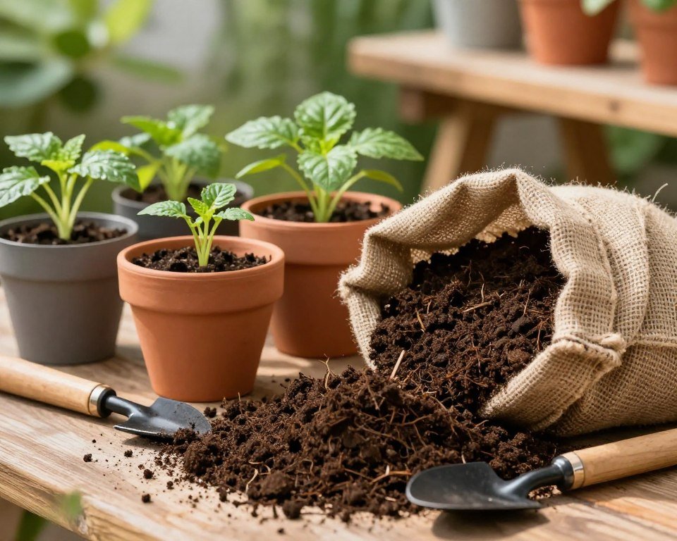 A beautiful, close-up view of a container garden setup featuring rich, dark potting mix spilling from a burlap sack into colorful terracotta pots. The foreground showcases textured soil ready for planting, with small gardening tools placed nearby. In the middle, pots of varied sizes are filled with vibrant seedlings, their leaves glistening under soft, natural light, creating a warm and inviting atmosphere. The background includes a blurred wooden garden table and soft green foliage, suggesting a tranquil garden space. The scene is illuminated by gentle sunlight, casting soft shadows and enhancing the earthy colors. The mood is serene and nurturing, evoking the essence of successful container gardening. A beautiful, close-up view of a container garden setup featuring rich, dark potting mix spilling from a burlap sack into colorful terracotta pots. The foreground showcases textured soil ready for planting, with small gardening tools placed nearby. In the middle, pots of varied sizes are filled with vibrant seedlings, their leaves glistening under soft, natural light, creating a warm and inviting atmosphere. The background includes a blurred wooden garden table and soft green foliage, suggesting a tranquil garden space. The scene is illuminated by gentle sunlight, casting soft shadows and enhancing the earthy colors. The mood is serene and nurturing, evoking the essence of successful container gardening.