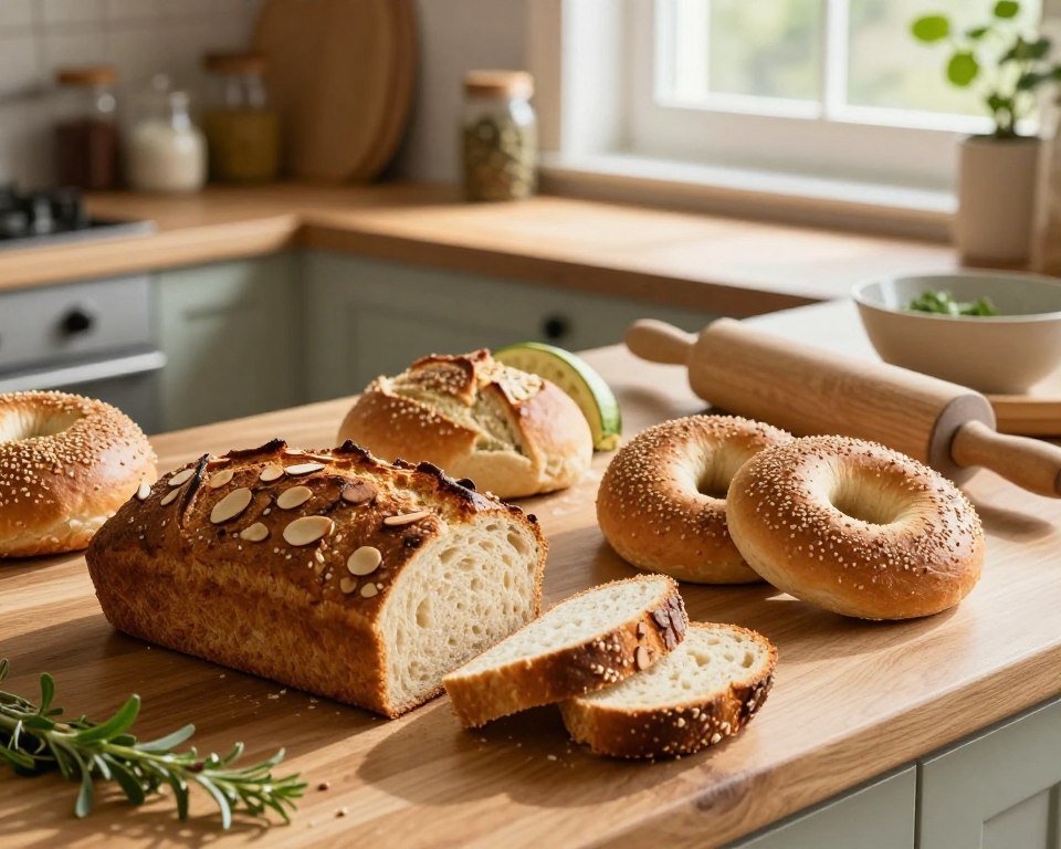A beautiful wooden kitchen countertop filled with an array of homemade low-carb bread alternatives. In the foreground, showcase a loaf of golden-brown almond flour bread sliced neatly, revealing its fluffy texture. Beside it, display a variety of creative bread-like creations, such as zucchini bread rolls, cloud bread, and sesame seed bagels, all artfully arranged. The middle ground features baking tools like a rolling pin and a mixing bowl, with a rustic kitchen ambiance illuminated by soft, natural sunlight streaming through a window, creating a warm and inviting atmosphere. The background includes herbs and spices in decorative jars, enhancing the cozy and healthy vibe. The image should exhibit a clear and sharp focus, with a slight depth of field to emphasize the bread creations while softly blurring the background.