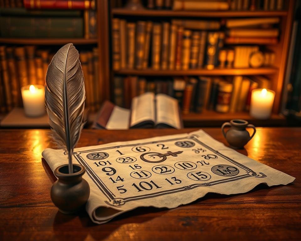 A beautifully arranged desk setting representing the basics of numerology, featuring an ancient scroll with intricate numerical patterns. In the foreground, a polished wooden desk holds a feather quill and an inkpot, symbolizing wisdom. The middle ground includes a stone tablet etched with numbers and symbols, illuminated softly by warm, ambient lighting that creates an inviting, mystical atmosphere. In the background, a softly blurred bookshelf filled with ancient texts and scrolls, hinting at the historical aspects of numerology. The scene is captured from a slight angle to add depth, with a gentle focus that brings attention to the numerological elements. The overall mood is serene and contemplative, inviting viewers to explore the ancient numerical science of numerology. A beautifully arranged desk setting representing the basics of numerology, featuring an ancient scroll with intricate numerical patterns. In the foreground, a polished wooden desk holds a feather quill and an inkpot, symbolizing wisdom. The middle ground includes a stone tablet etched with numbers and symbols, illuminated softly by warm, ambient lighting that creates an inviting, mystical atmosphere. In the background, a softly blurred bookshelf filled with ancient texts and scrolls, hinting at the historical aspects of numerology. The scene is captured from a slight angle to add depth, with a gentle focus that brings attention to the numerological elements. The overall mood is serene and contemplative, inviting viewers to explore the ancient numerical science of numerology.