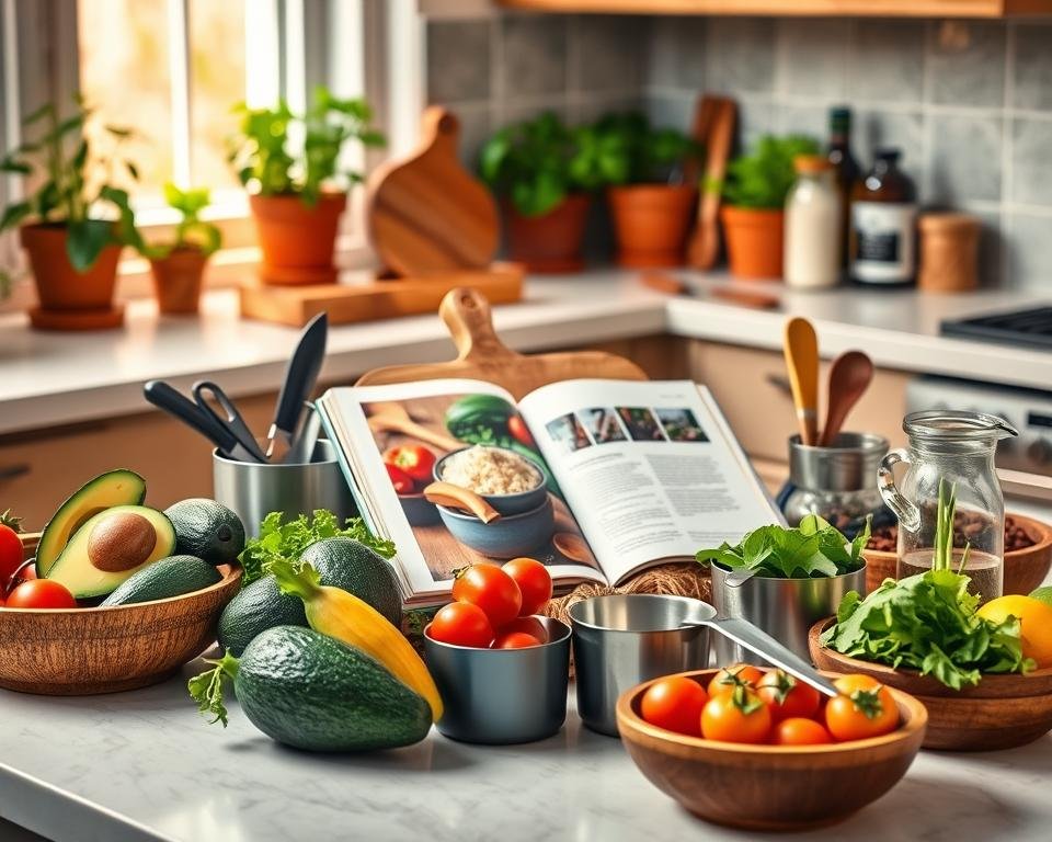 A beautifully arranged kitchen countertop showcasing essential beginner plant-based cooking items. In the foreground, a vibrant selection of fresh fruits and vegetables like avocados, tomatoes, and leafy greens, beautifully displayed in rustic wooden bowls. In the middle, a colorful cookbook opened to a plant-based recipe, surrounded by measuring cups, a cutting board with a knife, and various spices in glass jars. In the background, a softly lit kitchen with potted herbs on the windowsill, and warm, inviting lighting illuminating the scene, creating a cozy and inspiring cooking atmosphere. The image should feel welcoming and motivating for new cooks embarking on their plant-based journey. Shot with a soft-focus lens to enhance the inviting ambiance, emphasizing the essentials of vegan cooking.