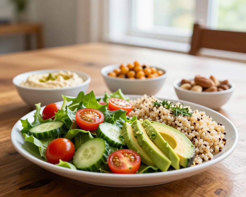 A beautifully arranged plant-based plate featuring a variety of colorful, fresh ingredients, prominently displayed in the foreground. Include a vibrant green leafy salad with nutrient-rich toppings, such as cherry tomatoes, cucumbers, and avocados. Showcase a portion of quinoa or brown rice on one side, garnished with herbs. In the middle ground, add small bowls of hummus, roasted chickpeas, and nuts, emphasizing variety and balance. Behind, blur a wooden dining table setting with natural light streaming in through a window, creating a warm and inviting atmosphere. Capture the scene at eye level with a soft focus to emphasize the textures and colors of the food, conveying a mood of health and vitality.