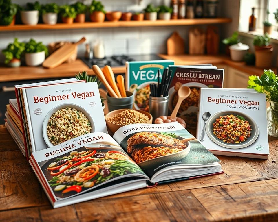 A beautifully arranged selection of beginner vegan cookbooks displayed on a rustic wooden table. In the foreground, a few open cookbooks are showcasing colorful plant-based recipes with vibrant photos of dishes like quinoa salads and veggie stir-fries. The middle ground features a variety of whole foods, such as fresh vegetables, grains, and nuts, surrounded by essential cooking tools like measuring cups and wooden spoons, emphasizing a hands-on approach to cooking. In the background, a softly lit kitchen with herbs in pots and spices on shelves creates a warm and inviting atmosphere. The lighting is natural and warm, suggesting a cozy, home-cooked feel, captured at a slight angle to provide depth and perspective. The mood should convey inspiration and accessibility, appealing to new cooks eager to explore plant-based culinary adventures.