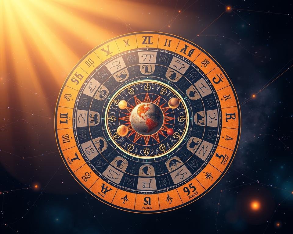 A beautifully detailed illustration of the three fundamental components of astrology charts: the zodiac wheel, planets, and houses, harmoniously arranged. In the foreground, a vibrant zodiac wheel displays all twelve signs, intricately designed with symbols and colors representing each sign. In the middle, planetary symbols interspersed among the signs, depicting their positions, glowing softly with a celestial aura. In the background, astrological houses are illustrated as elegant sections radiating outward, creating a sense of depth. The lighting is celestial, with a warm, inviting glow illuminating the symbols, and the overall mood is mystical and enlightening. The perspective is slightly elevated, allowing for a comprehensive view of the chart components as a cohesive whole. Elements like stars and constellations subtly enhance the background, adding to the ethereal atmosphere of astrology.