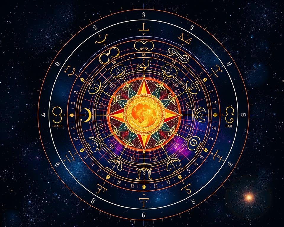 A beautifully illustrated natal chart cosmic blueprint, showcasing astrological symbols and planetary glyphs intricately arranged within a circular birth chart layout. In the foreground, vibrant constellations represent zodiac signs, each brimming with vivid colors like deep blues, golds, and purples, symbolizing the cosmos. The middle layer features elegant lines and curves connecting the celestial elements, creating a harmonious flow. The background displays a starry night sky filled with shimmering stars, enhancing the celestial theme and instilling a sense of wonder. The lighting is soft and ethereal, casting a dream-like glow over the entire composition. The overall mood is mystical and introspective, inviting viewers to explore the depths of their cosmic blueprint in astrology.