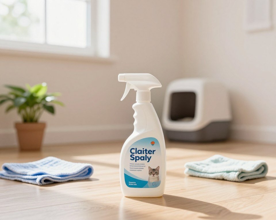 A bright and clean interior scene showcasing a bottle of enzymatic cleaner specifically designed to eliminate cat spray odors. In the foreground, the bottle is centered on a wooden floor, with a spray nozzle and a label that emphasizes its effectiveness. Surrounding the bottle, there are a few scattered cleaning cloths and a small potted plant to add a touch of freshness. In the middle ground, a well-lit room is visible, featuring soft pastel walls and a cozy corner with a litter box discreetly placed. The background includes a window with sunlight streaming in, casting a warm glow throughout the space. The mood is optimistic, emphasizing cleanliness and a fresh start, ideal for eliminating unpleasant odors. The angle is slightly elevated, offering a clear view of the cleaner in action. A bright and clean interior scene showcasing a bottle of enzymatic cleaner specifically designed to eliminate cat spray odors. In the foreground, the bottle is centered on a wooden floor, with a spray nozzle and a label that emphasizes its effectiveness. Surrounding the bottle, there are a few scattered cleaning cloths and a small potted plant to add a touch of freshness. In the middle ground, a well-lit room is visible, featuring soft pastel walls and a cozy corner with a litter box discreetly placed. The background includes a window with sunlight streaming in, casting a warm glow throughout the space. The mood is optimistic, emphasizing cleanliness and a fresh start, ideal for eliminating unpleasant odors. The angle is slightly elevated, offering a clear view of the cleaner in action.