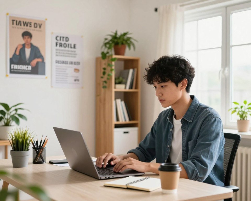 A bright and inviting home office scene, showcasing a beginner freelancer at work. In the foreground, a young adult dressed in smart casual attire is seated at a modern desk, focused on a laptop, with a notepad and coffee cup nearby. The middle ground features a well-organized workspace with motivational posters on the wall, potted plants, and a bookshelf filled with resources about freelancing. The background has a large window allowing natural light to flood in, illuminating the space and creating a warm atmosphere. The overall mood is inspiring and productive, highlighting the journey of starting a freelancing career on digital marketplaces. Soft, diffused lighting adds to the welcoming feel of the environment. A bright and inviting home office scene, showcasing a beginner freelancer at work. In the foreground, a young adult dressed in smart casual attire is seated at a modern desk, focused on a laptop, with a notepad and coffee cup nearby. The middle ground features a well-organized workspace with motivational posters on the wall, potted plants, and a bookshelf filled with resources about freelancing. The background has a large window allowing natural light to flood in, illuminating the space and creating a warm atmosphere. The overall mood is inspiring and productive, highlighting the journey of starting a freelancing career on digital marketplaces. Soft, diffused lighting adds to the welcoming feel of the environment.