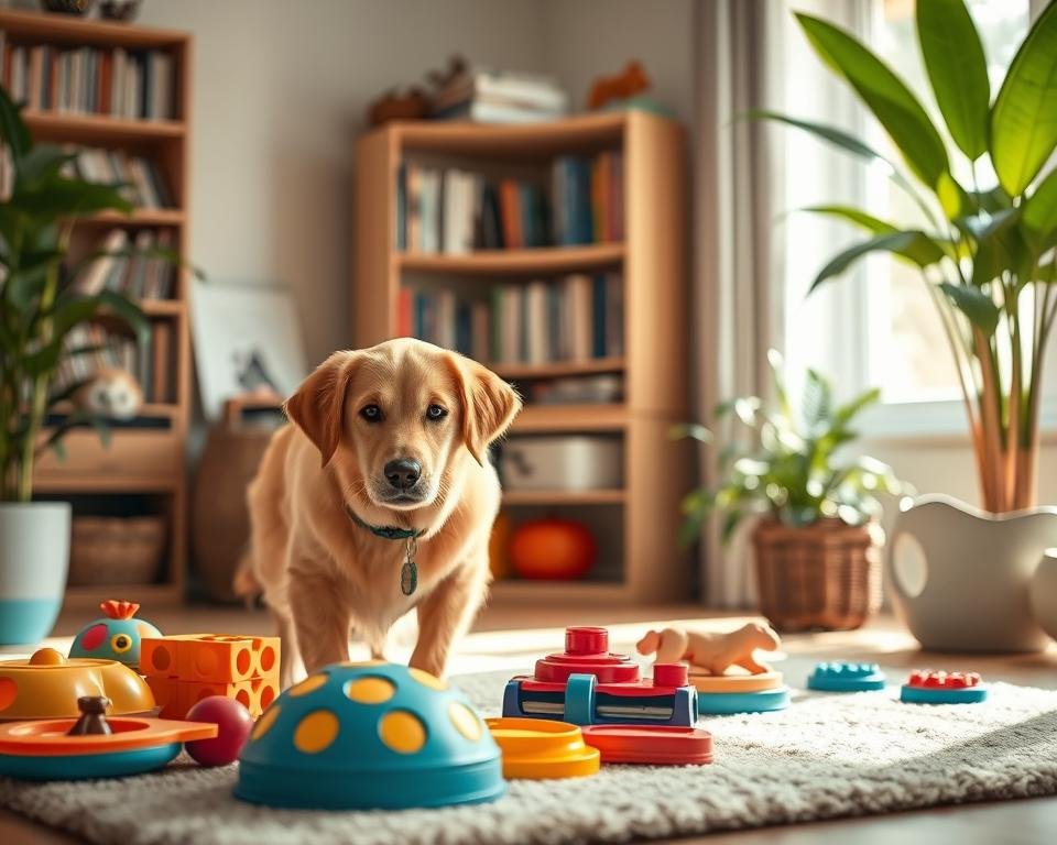 A bright, inviting scene showcasing a playful golden retriever engaging with interactive puzzle toys in a cozy living room. The dog is in the foreground, focused and eager, with its ears perked up, surrounded by various colorful toys that stimulate its cognitive abilities. In the middle ground, a bookshelf filled with dog training books and a soft rug establishes a nurturing environment. Soft sunlight filters through a nearby window, creating a warm and cheerful atmosphere. In the background, green plants complement the serene ambiance. The composition utilizes a shallow depth of field to draw attention to the dog while maintaining a soft focus on the surrounding details, evoking a sense of happiness and contentment in a dog's life filled with mental enrichment.