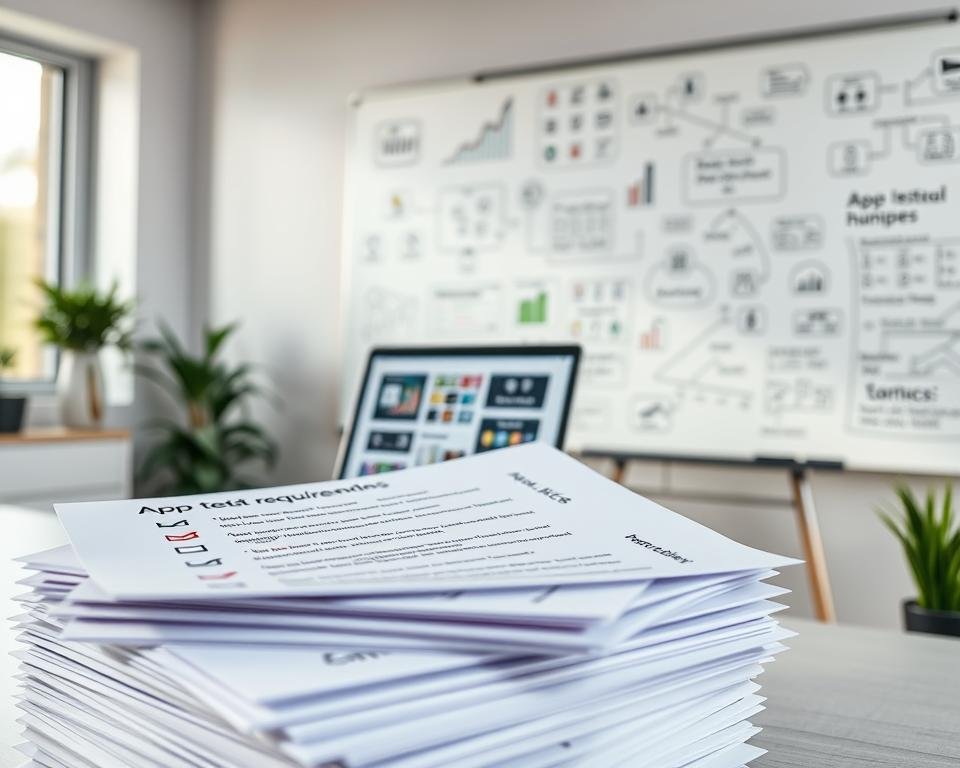 A bright office space showcasing technical requirements for app testing. In the foreground, a layered stack of documents featuring bullet points and checklists related to app testing procedures, intricately designed with icons like checkmarks and gears. In the middle, a modern laptop open with a screen displaying app interfaces and testing tools. In the background, a large whiteboard filled with flowcharts and diagrams, vividly illustrated to represent workflows and timelines. Soft, natural lighting streams in from a nearby window, creating a professional and focused atmosphere. The mood is motivational and inspiring, suitable for beginners entering app testing careers. A bright office space showcasing technical requirements for app testing. In the foreground, a layered stack of documents featuring bullet points and checklists related to app testing procedures, intricately designed with icons like checkmarks and gears. In the middle, a modern laptop open with a screen displaying app interfaces and testing tools. In the background, a large whiteboard filled with flowcharts and diagrams, vividly illustrated to represent workflows and timelines. Soft, natural lighting streams in from a nearby window, creating a professional and focused atmosphere. The mood is motivational and inspiring, suitable for beginners entering app testing careers.