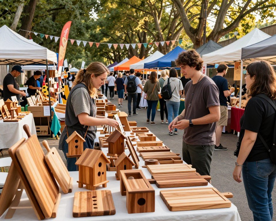A bustling craft fair scene showcasing a small woodworking booth. In the foreground, a neatly organized table filled with beautifully crafted wooden items like cutting boards, birdhouses, and small furniture pieces, all polished to a warm sheen. A friendly vendor, dressed in modest casual clothing, engages with curious customers. The middle ground features several vibrant craft booths with artisans displaying their handmade creations, under colorful awnings. In the background, tall trees and festive banners sway gently, with soft sunlight filtering through, casting warm, inviting shadows. Capture the lively atmosphere filled with enthusiastic shoppers and the rustic charm of crafted woodwork, emphasizing the community spirit of local artisan markets. Use a wide-angle lens to encompass the vibrant energy and create depth.
