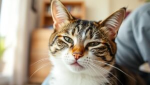 A cat communicating with its owner through body language and facial expressions, demonstrating how to speak cat