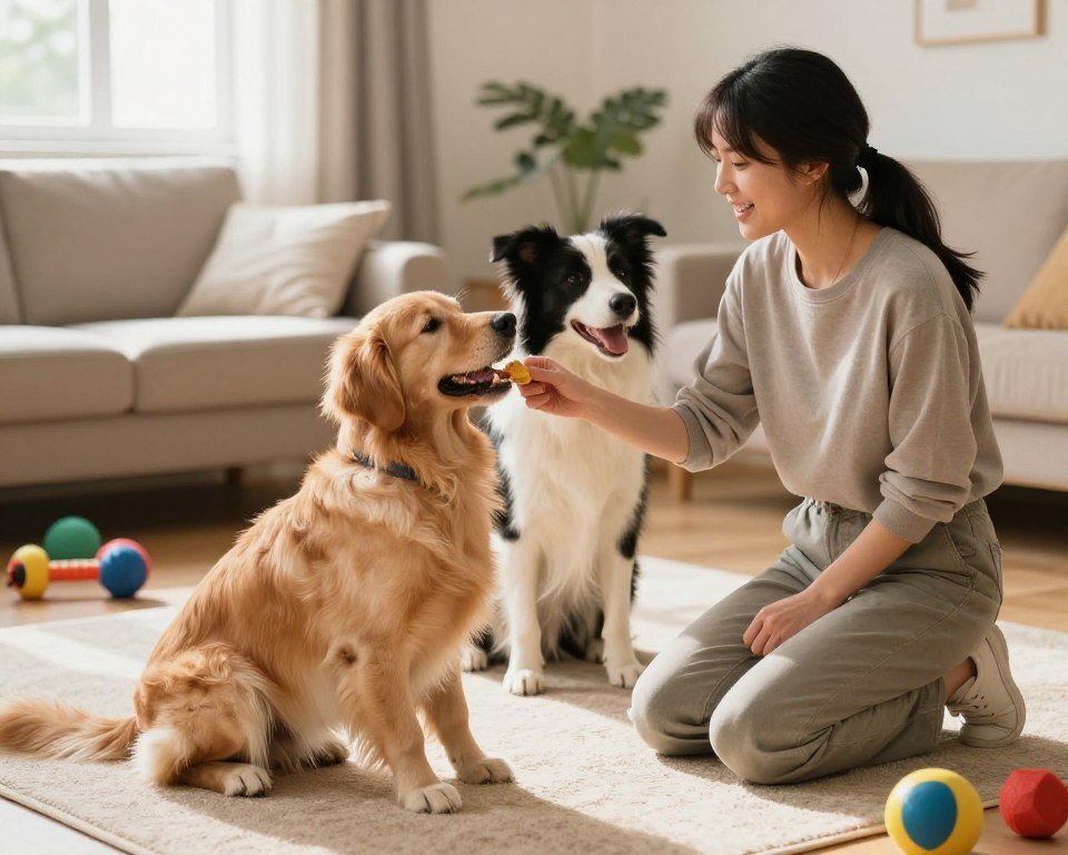 A cheerful, short training session with two enthusiastic dogs, one a playful golden retriever and the other an intelligent border collie, engaged in basic obedience commands like sit and stay. In the foreground, a woman in a casual yet neat outfit, kneeling beside the retriever, gives a treat to the dog, showcasing warmth and encouragement. In the middle ground, the border collie is poised, alert and focused on the trainer, its ears perked up. The background features a cozy, sunlit living room with colorful dog toys scattered around and a soft rug, creating a comfortable atmosphere. Soft, natural light filters through a nearby window, enhancing the lively and positive vibe of the training session. A cheerful, short training session with two enthusiastic dogs, one a playful golden retriever and the other an intelligent border collie, engaged in basic obedience commands like sit and stay. In the foreground, a woman in a casual yet neat outfit, kneeling beside the retriever, gives a treat to the dog, showcasing warmth and encouragement. In the middle ground, the border collie is poised, alert and focused on the trainer, its ears perked up. The background features a cozy, sunlit living room with colorful dog toys scattered around and a soft rug, creating a comfortable atmosphere. Soft, natural light filters through a nearby window, enhancing the lively and positive vibe of the training session.