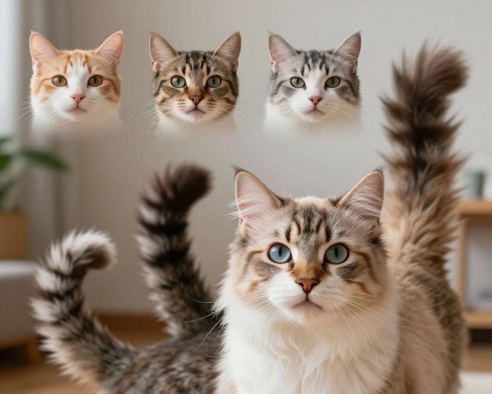 A close-up illustration of various cat tail and ear positions, showcasing their meanings in a clear and informative manner. In the foreground, depict a fluffy domestic cat with different tail orientations—curled up, upright, and straightened—each highlighted to indicate a specific emotion like happiness, aggression, and curiosity. The cat's ears should be clearly visible, positioned in ways that express alertness, relaxation, and caution. The background should be soft and muted, featuring a cozy home environment to create a calming atmosphere. Utilize natural lighting to enhance the details of the cat's fur and ears, and capture the image at a slight angle to provide depth. The overall mood should be educational and engaging, inviting viewers to learn about feline communication.