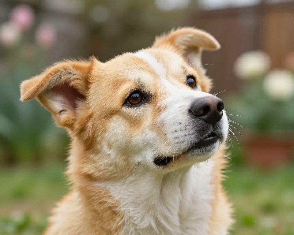 A close-up of a curious dog with its head tilted to the side, showcasing expressive eyes and perked ears, conveying a sense of engagement and communication. The dog's fur is a mix of golden and white, glistening in soft, natural sunlight that creates gentle highlights on its fur. The background is a blurred, serene garden setting, hinting at greenery and blooming flowers, enhancing the calm atmosphere. The composition focuses on the dog’s face, shot from a low angle to emphasize its expression and curiosity. The mood is warm and inviting, inviting viewers to connect with the moment of understanding through the dog’s body language. The overall lighting is soft and diffused, creating a peaceful ambiance without any distractions. A close-up of a curious dog with its head tilted to the side, showcasing expressive eyes and perked ears, conveying a sense of engagement and communication. The dog's fur is a mix of golden and white, glistening in soft, natural sunlight that creates gentle highlights on its fur. The background is a blurred, serene garden setting, hinting at greenery and blooming flowers, enhancing the calm atmosphere. The composition focuses on the dog’s face, shot from a low angle to emphasize its expression and curiosity. The mood is warm and inviting, inviting viewers to connect with the moment of understanding through the dog’s body language. The overall lighting is soft and diffused, creating a peaceful ambiance without any distractions.