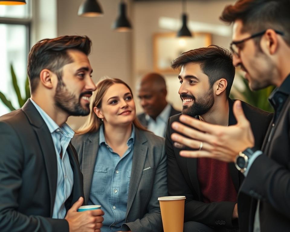 A close-up of a diverse group of men engaged in thoughtful conversation in a modern café, showcasing their varied expressions of attraction and curiosity. In the foreground, a man in a smart blazer leans slightly forward, displaying open body language, while another man in casual attire gestures animatedly, emphasizing his point. In the middle ground, a woman, dressed in professional attire, observes with a subtle smile, indicating the dynamics of attraction. The background features soft, warm lighting that creates a cozy and inviting atmosphere, with blurred outlines of colorful coffee cups and plants to provide context. The mood is engaging and insightful, capturing the essence of male attraction and emotional connection in a relatable setting. A close-up of a diverse group of men engaged in thoughtful conversation in a modern café, showcasing their varied expressions of attraction and curiosity. In the foreground, a man in a smart blazer leans slightly forward, displaying open body language, while another man in casual attire gestures animatedly, emphasizing his point. In the middle ground, a woman, dressed in professional attire, observes with a subtle smile, indicating the dynamics of attraction. The background features soft, warm lighting that creates a cozy and inviting atmosphere, with blurred outlines of colorful coffee cups and plants to provide context. The mood is engaging and insightful, capturing the essence of male attraction and emotional connection in a relatable setting.