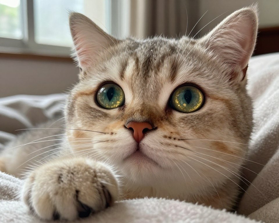 A close-up view of a cat's face, capturing the mesmerizing details of its eyes. The pupils are wide and dilated, reflecting curiosity and intrigue, while the irises display vibrant shades of green with flecks of gold. In the foreground, a gentle paw is playfully reaching out towards the viewer, as if to invite attention. The middle ground shows subtle hints of a soft, textured blanket, adding warmth to the scene. In the background, a faint but cozy indoor setting is illuminated by soft, natural light filtering through a window, creating a serene atmosphere. The overall mood is inviting and affectionate, focusing on the cat's expressive gaze as if it is communicating emotions and intentions. The image is shot from a slightly angled perspective to enhance depth, with a focus on capturing the nuances of feline body language. A close-up view of a cat's face, capturing the mesmerizing details of its eyes. The pupils are wide and dilated, reflecting curiosity and intrigue, while the irises display vibrant shades of green with flecks of gold. In the foreground, a gentle paw is playfully reaching out towards the viewer, as if to invite attention. The middle ground shows subtle hints of a soft, textured blanket, adding warmth to the scene. In the background, a faint but cozy indoor setting is illuminated by soft, natural light filtering through a window, creating a serene atmosphere. The overall mood is inviting and affectionate, focusing on the cat's expressive gaze as if it is communicating emotions and intentions. The image is shot from a slightly angled perspective to enhance depth, with a focus on capturing the nuances of feline body language.