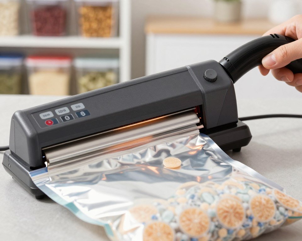 A close-up view of a mylar bag being sealed with a heat sealer, prominently featuring oxygen absorbers inside the bag to highlight food preservation techniques. In the foreground, the glossy surface of the mylar bag catches the light, while the oxygen absorbers are clearly visible, adding a sense of purpose to the image. The middle of the scene includes the sealing machine, detailed with buttons and a warm light indicating it is in use. The background is softly blurred out, showing a tidy kitchen shelf with container buckets for long-term food storage, evoking a sense of preparedness. The lighting is bright and clean, creating an atmosphere of efficiency and safety, perfect for an instructional article.