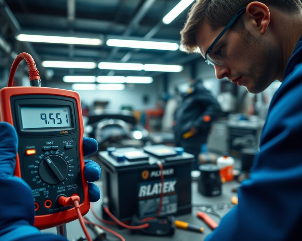 A close-up view of a person testing a car battery voltage with a multimeter. The foreground features the multimeter displaying voltage readings, with bright LED lights illuminating the screen. The middle ground shows the car battery, with clear labels and visible terminals, set against a workbench cluttered with tools and a pair of safety goggles. In the background, a softly focused automotive garage scene hints at various car parts and workshop equipment, subtly lit by overhead fluorescent lights that create a productive atmosphere. The mood is technical and professional, emphasizing attention to detail and careful assessment in a reconditioning process. The individual, wearing a blue work shirt and gloves, is focused on the task, ensuring a safe and precise testing environment. A close-up view of a person testing a car battery voltage with a multimeter. The foreground features the multimeter displaying voltage readings, with bright LED lights illuminating the screen. The middle ground shows the car battery, with clear labels and visible terminals, set against a workbench cluttered with tools and a pair of safety goggles. In the background, a softly focused automotive garage scene hints at various car parts and workshop equipment, subtly lit by overhead fluorescent lights that create a productive atmosphere. The mood is technical and professional, emphasizing attention to detail and careful assessment in a reconditioning process. The individual, wearing a blue work shirt and gloves, is focused on the task, ensuring a safe and precise testing environment.