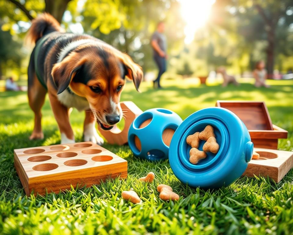 A colorful and engaging scene showcasing various interactive treat dispensing puzzles designed for dogs. In the foreground, a playful medium-sized dog enthusiastically interacts with a round blue puzzle toy, its nose nudging it as treats peek out from small openings. In the middle, an array of puzzles with different shapes and textures—some are wooden, others are plastic—are displayed on a soft green grass surface, with a couple of scattered dog treats nearby. The background features a bright sunny day with a blurred park setting, including trees and a dog owner observing the fun. Natural sunlight filters through the leaves, casting soft, playful shadows. The mood is lively and cheerful, highlighting the importance of mental engagement for dogs. Captured at a slight angle to emphasize the dog's interaction, with a close focus on the toys and the dog. A colorful and engaging scene showcasing various interactive treat dispensing puzzles designed for dogs. In the foreground, a playful medium-sized dog enthusiastically interacts with a round blue puzzle toy, its nose nudging it as treats peek out from small openings. In the middle, an array of puzzles with different shapes and textures—some are wooden, others are plastic—are displayed on a soft green grass surface, with a couple of scattered dog treats nearby. The background features a bright sunny day with a blurred park setting, including trees and a dog owner observing the fun. Natural sunlight filters through the leaves, casting soft, playful shadows. The mood is lively and cheerful, highlighting the importance of mental engagement for dogs. Captured at a slight angle to emphasize the dog's interaction, with a close focus on the toys and the dog.