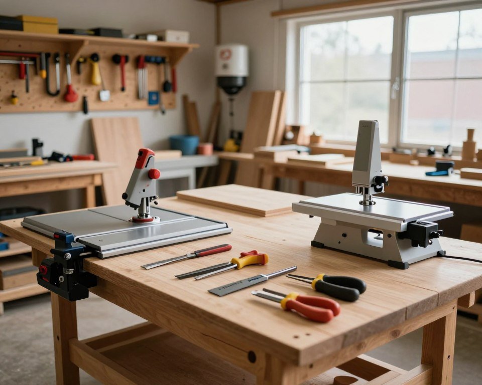 A compact woodworking workshop filled with essential tools for space-constrained woodworkers. In the foreground, a sturdy workbench showcasing a combination of a compact table saw, a foldable router table, and a compact band saw, well-organized with neatly arranged hand tools like chisels and a combination square. The middle ground includes a wall-mounted pegboard with hanging tools and a small dust collector unit. In the background, large windows allow natural light to illuminate the workshop, creating a warm, inviting atmosphere. The scene conveys a sense of creativity and efficiency, designed to maximize a small space. Captured with a slight perspective angle to emphasize the tools' accessibility and usability. The lighting is soft and diffused, highlighting the wood textures and metallic surfaces.