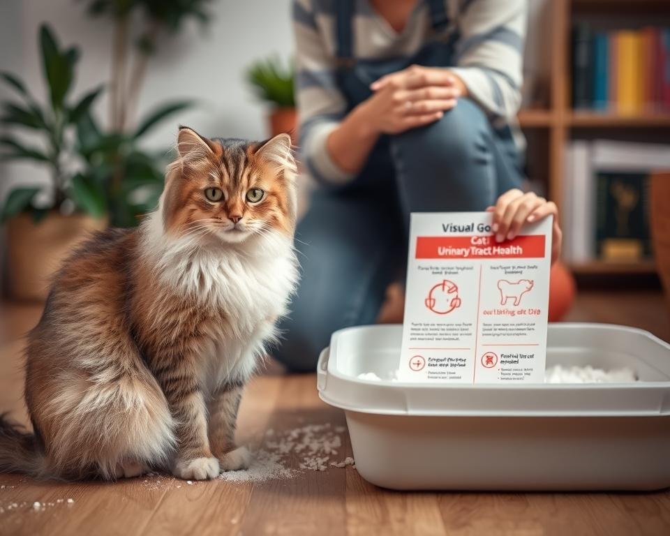 A concerned cat owner kneels beside an indoor litter box, holding a small visual guide detailing cat urinary tract health. In the foreground, a fluffy domestic cat sits beside the litter box, looking anxious. The middle ground features the owner gently examining the litter box filled with clean litter, highlighting their attention to the cat's hygiene. In the background, a serene, informational setting includes soft lighting to create a compassionate atmosphere, with subtle hints of a cozy home environment, such as a plant and a shelf of cat care books. The image should convey concern and understanding, emphasizing the importance of recognizing health issues related to cats urinating outside their litter box. The focus is sharp on the cat and owner, with a warm, inviting color palette.