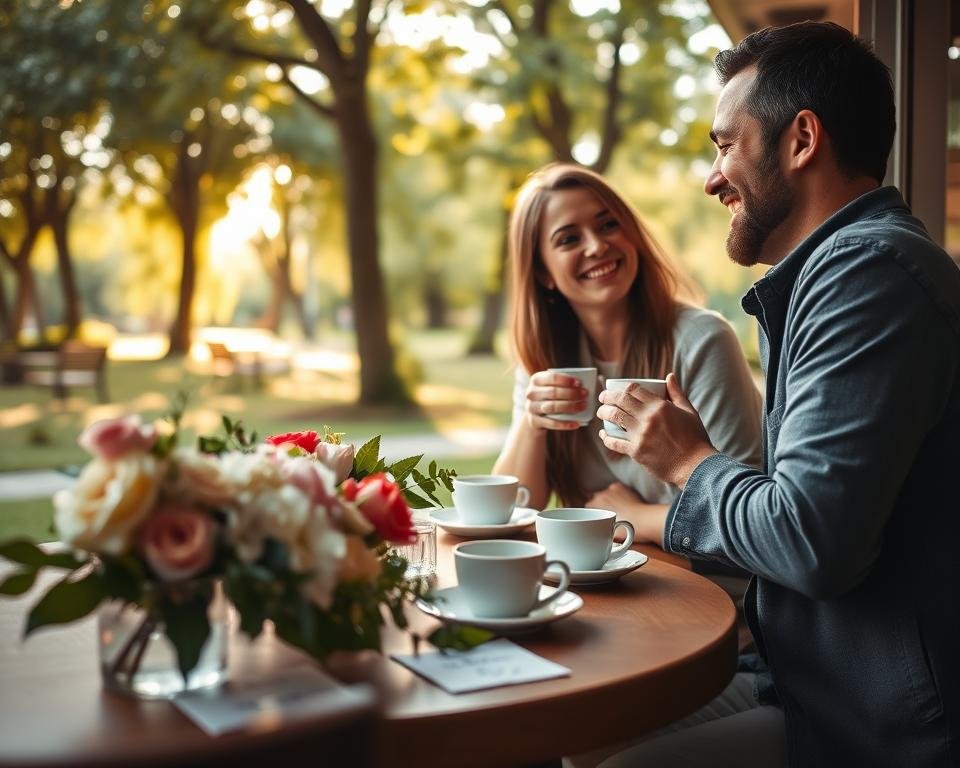 A cozy café scene in the foreground, featuring a couple enjoying a warm cup of coffee and sharing laughter, dressed in modest casual clothing. In the middle ground, a beautifully set table adorned with fresh flowers and heartwarming details like handwritten notes, symbolizing shared memories. The background reveals a lush park with soft sunlight filtering through trees, creating a warm, inviting atmosphere. The angle captures the couple's joy, with a slight tilt to emphasize their connection. Soft, golden lighting enhances the mood, conveying a sense of romance and intimacy. The overall composition is vibrant, evoking feelings of happiness and memorable experiences shared together.