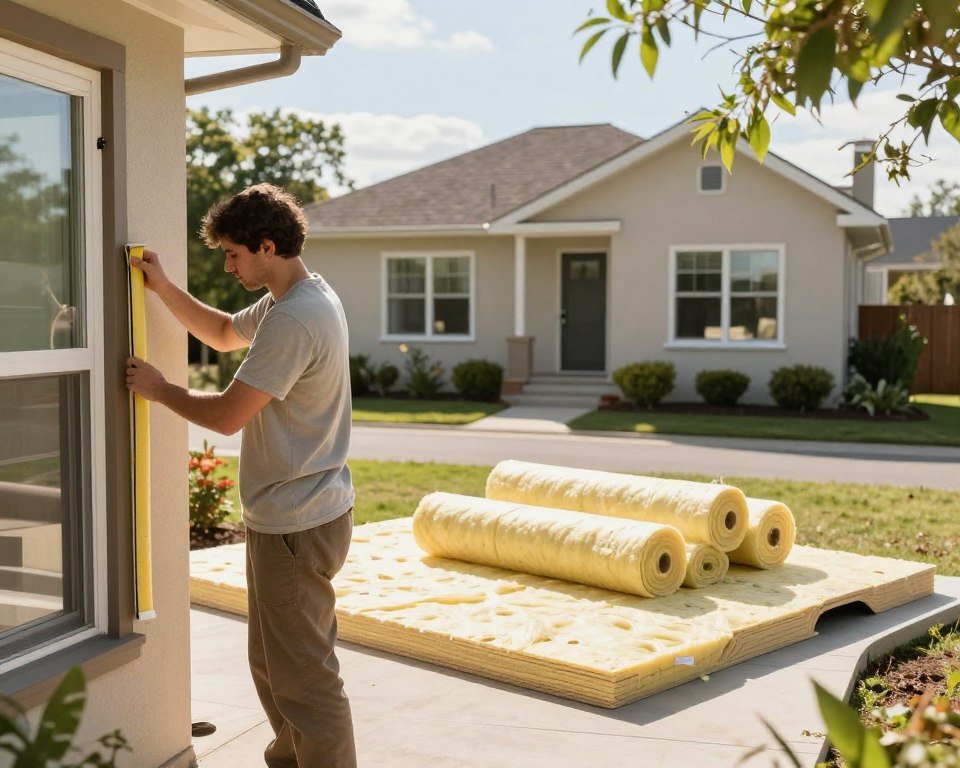 A cozy, energy-efficient home in a serene suburban neighborhood during a bright, sunny day. In the foreground, a skilled professional in a modest casual outfit is diligently sealing gaps around windows and doors with weather stripping. In the middle ground, insulation materials like foam boards and rolls of fiberglass are neatly arranged, illustrating the process of insulating a home's envelope. In the background, the house features a well-maintained exterior with visible energy-efficient windows, showcasing a harmonious blend with the landscape. The lighting is warm and inviting, emphasizing a sense of comfort and sustainability, while a few green trees gently sway in the breeze, creating a tranquil atmosphere.