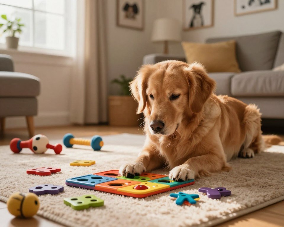 A cozy living room setting with a playful dog engaging in brain games. In the foreground, the dog, a golden retriever, is focused intently on a colorful interactive puzzle toy, with pieces scattered around. The middle ground features a plush rug and some additional dog toys, hinting at a fun, stimulating environment. In the background, a warm light filters through a window, casting a soft glow on the walls adorned with dog-themed artwork. The atmosphere is cheerful and inviting, emphasizing the importance of mental stimulation for dogs. Capture the scene from a slightly elevated angle to provide depth, highlighting both the dog’s concentration and the vibrant activity surrounding it. A cozy living room setting with a playful dog engaging in brain games. In the foreground, the dog, a golden retriever, is focused intently on a colorful interactive puzzle toy, with pieces scattered around. The middle ground features a plush rug and some additional dog toys, hinting at a fun, stimulating environment. In the background, a warm light filters through a window, casting a soft glow on the walls adorned with dog-themed artwork. The atmosphere is cheerful and inviting, emphasizing the importance of mental stimulation for dogs. Capture the scene from a slightly elevated angle to provide depth, highlighting both the dog’s concentration and the vibrant activity surrounding it.