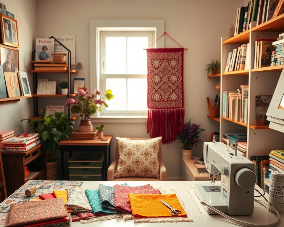 A cozy sewing corner filled with various home decor sewing projects. In the foreground, a beautifully arranged table displaying colorful fabric swatches, a sewing machine, and essential tools like scissors and threads. In the middle, a finished decorative pillow and a handmade fabric wall hanging with intricate patterns. Beyond, a window casting warm, natural light over the space, illuminating soft textures and inviting colors. The background features shelves lined with patterns and sewing books, creating an organized yet artistic atmosphere. The mood is inspiring and creative, perfect for beginners eager to explore their sewing skills. The scene captures a sense of warmth and craftsmanship, emphasizing the joy of DIY home decor projects.