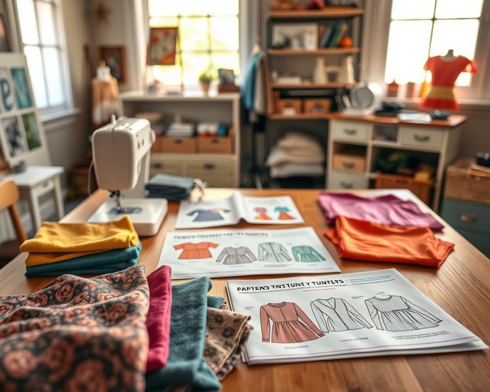 A cozy sewing studio featuring several beginner-friendly top and tunic patterns showcased on a wooden table. In the foreground, neatly folded fabric swatches display vibrant colors and textures, while a sewing machine is positioned beside them. The middle ground highlights a colorful array of patterns laid out, including illustrations of simple, stylish tops with easy-to-follow instructions. A large window in the background lets in soft, natural light, illuminating the space with a warm, inviting glow. The room is adorned with sewing notions like scissors, pins, and thread, creating a productive and inspirational atmosphere. The overall mood is encouraging and creative, perfect for beginners embarking on their sewing journey.