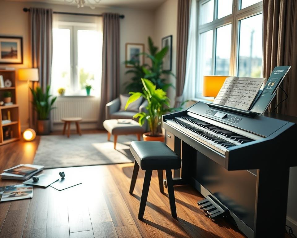 A cozy, well-lit room with a stylish modern digital piano set up prominently in the foreground, complete with sheet music, a metronome, and beginner-friendly piano practice books scattered around. In the middle ground, a comfortable adjustable piano bench invites the viewer, with a vibrant potted plant adding a touch of greenery. In the background, soft ambient lighting from warm lamps creates an inviting atmosphere, and a large window reveals a sunny day outside. The scene captures a sense of tranquility and eagerness, perfect for beginners embarking on their piano journey. The photo is taken at eye level with a shallow depth of field, focusing on the piano and accessories while softly blurring the background to enhance the mood of learning and inspiration.