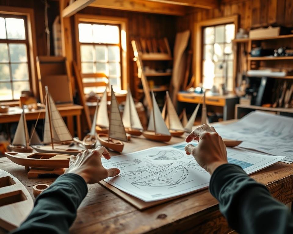 A cozy workshop environment with warm, inviting lighting. In the foreground, an assortment of wooden boat models and blueprints is spread out on a sturdy workbench, showcasing various boat designs like small sailboats and canoes. A pair of hands, clad in modest casual attire, delicately examines one of the blueprints, emphasizing the decision-making process. In the middle ground, shelves lined with tools and materials hint at the upcoming project's requirements. The background features large windows letting in natural light, casting gentle shadows and creating an atmosphere of creativity and anticipation. The mood is inspirational, reflecting the excitement and challenge of choosing the perfect first boat-building project.