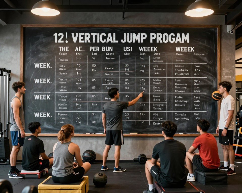 A detailed and organized 12-week vertical jump program framework, illustrated on a chalkboard in a gym setting. In the foreground, a fitness trainer in a modest athletic outfit points at the board, engaging with a small group of attentive athletes dressed in casual training wear. The middle of the image features a well-structured timeline, segmented into weeks, with exercises, sets, and reps clearly defined, showcasing a mix of plyometrics, strength training, and recovery. The background features gym equipment such as weights and jump boxes, drenched in warm, inviting overhead lights. The overall mood is energetic and focused, with a sense of teamwork and determination in the air, capturing the essence of athletic training for basketball players. A detailed and organized 12-week vertical jump program framework, illustrated on a chalkboard in a gym setting. In the foreground, a fitness trainer in a modest athletic outfit points at the board, engaging with a small group of attentive athletes dressed in casual training wear. The middle of the image features a well-structured timeline, segmented into weeks, with exercises, sets, and reps clearly defined, showcasing a mix of plyometrics, strength training, and recovery. The background features gym equipment such as weights and jump boxes, drenched in warm, inviting overhead lights. The overall mood is energetic and focused, with a sense of teamwork and determination in the air, capturing the essence of athletic training for basketball players.
