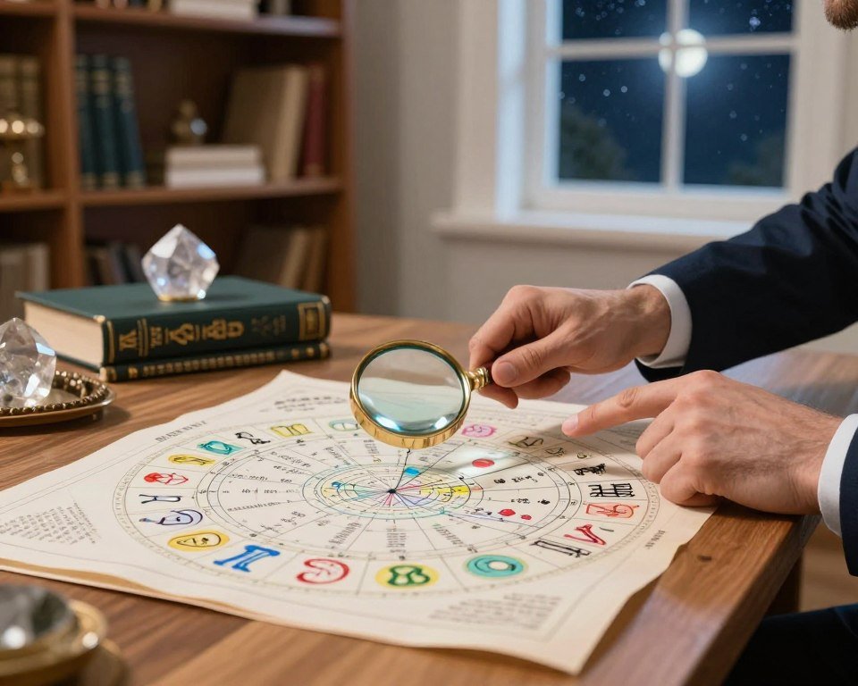 A detailed and visually engaging depiction of birth chart interpretation techniques. In the foreground, a well-organized wooden desk accommodates an open astrological birth chart, colorful zodiac signs illustrated beautifully. To the side, a pair of hands, dressed in business casual attire, points to a specific planetary alignment with a magnifying glass. In the middle ground, an elegant bookshelf filled with astrology books and crystal ornaments, creating an atmosphere of knowledge. The background features a calming window view of a starry night sky, subtly illuminated by soft moonlight, enhancing the mystical feel. The overall mood is educational and serene, inviting viewers into the world of astrology. The lighting is bright yet soft, casting gentle shadows for depth. A detailed and visually engaging depiction of birth chart interpretation techniques. In the foreground, a well-organized wooden desk accommodates an open astrological birth chart, colorful zodiac signs illustrated beautifully. To the side, a pair of hands, dressed in business casual attire, points to a specific planetary alignment with a magnifying glass. In the middle ground, an elegant bookshelf filled with astrology books and crystal ornaments, creating an atmosphere of knowledge. The background features a calming window view of a starry night sky, subtly illuminated by soft moonlight, enhancing the mystical feel. The overall mood is educational and serene, inviting viewers into the world of astrology. The lighting is bright yet soft, casting gentle shadows for depth.