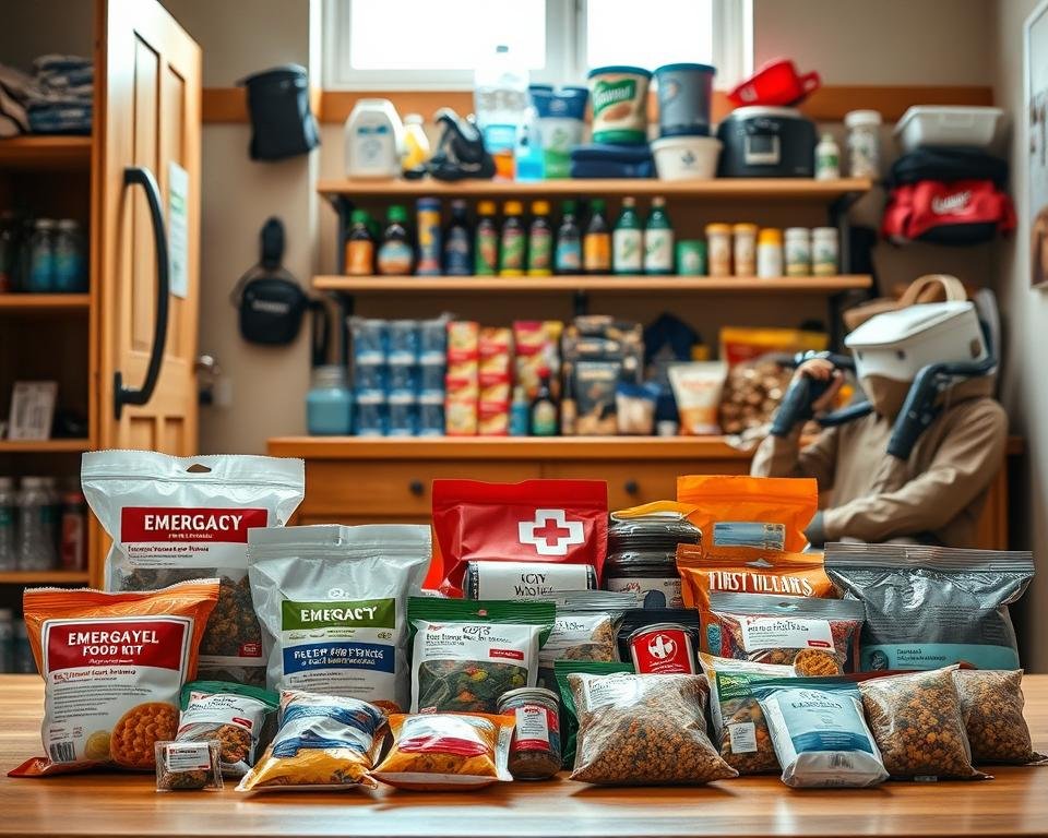 A detailed arrangement of emergency food kits and ready-to-use supplies displayed prominently in the foreground. The kits should be neatly organized, showcasing various packaged foods like freeze-dried meals, energy bars, and canned goods, each labeled clearly. In the middle ground, include a well-stocked shelf with water bottles, portable cooking gear, and first-aid supplies, adding depth to the scene. The background should feature a warm, inviting kitchen or pantry, bathed in soft natural light coming from a nearby window, creating a sense of safety and preparedness. The atmosphere conveys a reassuring, practical vibe, emphasizing the importance of being ready for emergencies. Ensure the image is clean and professional, without any text or branding.