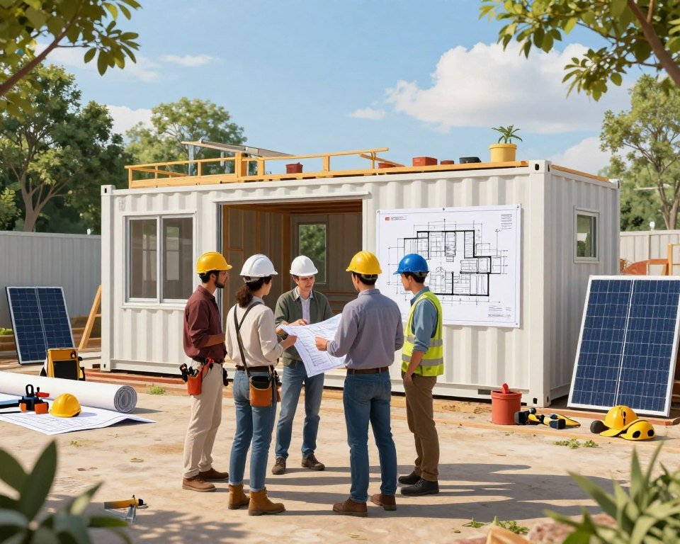 A detailed illustration of a container home construction site, emphasizing critical considerations for DIY builders. In the foreground, a diverse group of professionals in modest casual clothing, discussing blueprints and design elements. They are surrounded by various container modules in different stages of assembly. The middle ground features essential construction tools, safety equipment, and materials like insulation and solar panels, highlighting practicality. The background displays an architectural blueprint pinned on a wall, green trees, and a clear blue sky to evoke an optimistic atmosphere. The lighting is bright and natural, casting soft shadows to enhance depth. The composition is framed at a dynamic angle to create visual interest, focusing on collaboration and thoughtful planning in the building process. A detailed illustration of a container home construction site, emphasizing critical considerations for DIY builders. In the foreground, a diverse group of professionals in modest casual clothing, discussing blueprints and design elements. They are surrounded by various container modules in different stages of assembly. The middle ground features essential construction tools, safety equipment, and materials like insulation and solar panels, highlighting practicality. The background displays an architectural blueprint pinned on a wall, green trees, and a clear blue sky to evoke an optimistic atmosphere. The lighting is bright and natural, casting soft shadows to enhance depth. The composition is framed at a dynamic angle to create visual interest, focusing on collaboration and thoughtful planning in the building process.