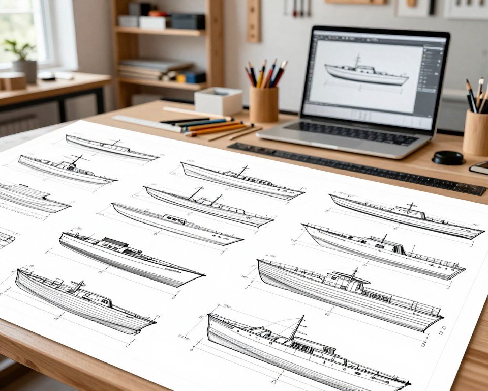 A detailed illustration of the anatomy of a complete boat plan set, featuring a layered layout with a comprehensive array of boat design components. In the foreground, display intricately detailed plan drawings, including top, side, and cross-sectional views of various boat styles, showcasing key dimensions and labels. In the middle ground, include a drafting table covered with tools such as pencils, rulers, and a computer screen displaying 3D boat modeling software. The background should feature a well-organized workshop with shelves holding various boat-building materials. Use bright, natural lighting to create an inviting atmosphere that emphasizes creativity and craftsmanship. The perspective should be slightly angled to give depth, and the overall mood should inspire a sense of exploration in DIY boat building. A detailed illustration of the anatomy of a complete boat plan set, featuring a layered layout with a comprehensive array of boat design components. In the foreground, display intricately detailed plan drawings, including top, side, and cross-sectional views of various boat styles, showcasing key dimensions and labels. In the middle ground, include a drafting table covered with tools such as pencils, rulers, and a computer screen displaying 3D boat modeling software. The background should feature a well-organized workshop with shelves holding various boat-building materials. Use bright, natural lighting to create an inviting atmosphere that emphasizes creativity and craftsmanship. The perspective should be slightly angled to give depth, and the overall mood should inspire a sense of exploration in DIY boat building.