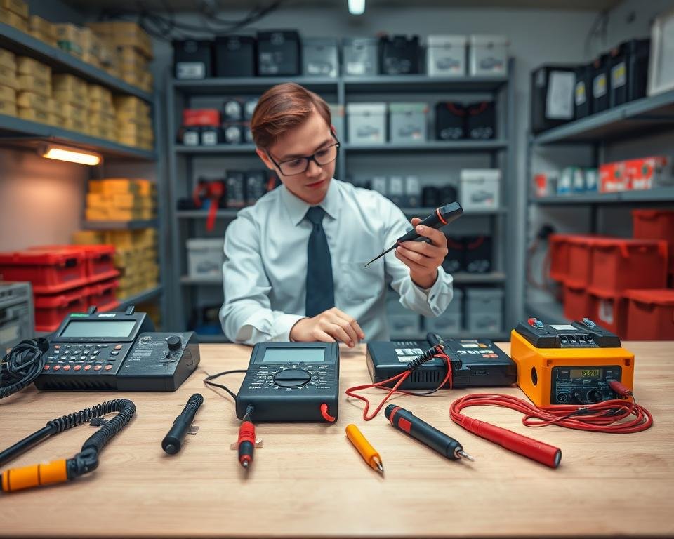 A detailed illustration of the battery reconditioning process, divided into clear steps. In the foreground, show essential tools like a multimeter, battery charger, and safety gloves laid out on a workbench, emphasizing a methodical approach. The middle ground features a person in neat business attire, carefully measuring battery voltage with the multimeter while wearing protective eyewear. The background includes shelves stocked with various battery types and reconditioning supplies. Soft, ambient lighting illuminates the scene, creating a focused, industrious atmosphere. The angle captures the workbench from slightly above, providing a comprehensive view of the process while maintaining clarity for each step involved. A detailed illustration of the battery reconditioning process, divided into clear steps. In the foreground, show essential tools like a multimeter, battery charger, and safety gloves laid out on a workbench, emphasizing a methodical approach. The middle ground features a person in neat business attire, carefully measuring battery voltage with the multimeter while wearing protective eyewear. The background includes shelves stocked with various battery types and reconditioning supplies. Soft, ambient lighting illuminates the scene, creating a focused, industrious atmosphere. The angle captures the workbench from slightly above, providing a comprehensive view of the process while maintaining clarity for each step involved.