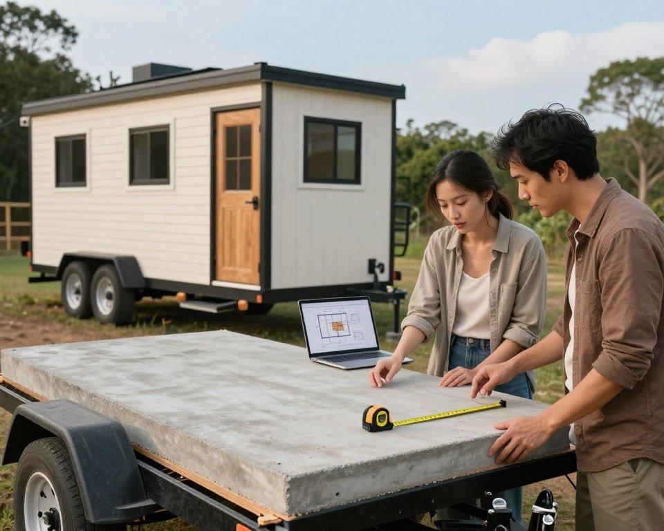 A detailed scene depicting the process of choosing a foundation for a compact home, focusing on a tiny house on a trailer versus a permanent foundation. In the foreground, a couple, dressed in modest casual clothing, examines two foundation options: a sturdy trailer and a solid concrete slab. In the middle, display tools like a measuring tape and a laptop with architectural plans, emphasizing DIY enthusiasm. The background features a serene, natural environment with a backdrop of trees and a clear blue sky, creating an inviting atmosphere. Soft, diffused lighting enhances the warmth of the scene, suggesting collaboration and thoughtful decision-making. Capture this moment from a slightly elevated angle, allowing a clear view of both foundation options while highlighting the couple's engaged expressions.