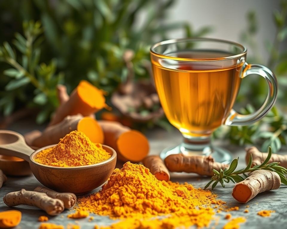 A detailed still life composition showcasing turmeric as a natural remedy for pain relief. In the foreground, a small bowl filled with vibrant yellow turmeric powder sits next to a wooden spoon. Scattered around are fresh turmeric roots, showcasing their rough exterior and bright orange interior. In the middle ground, a light mist of golden turmeric tea is served in a clear, elegant glass cup, reflecting warm, inviting light. The background features soft-focus green plants and healing herbs, creating a calming atmosphere. Gentle, natural sunlight filters in from the left, casting a warm glow over the scene. The image captures a sense of tranquility and wellness, emphasizing the holistic benefits of turmeric for pain and inflammation.