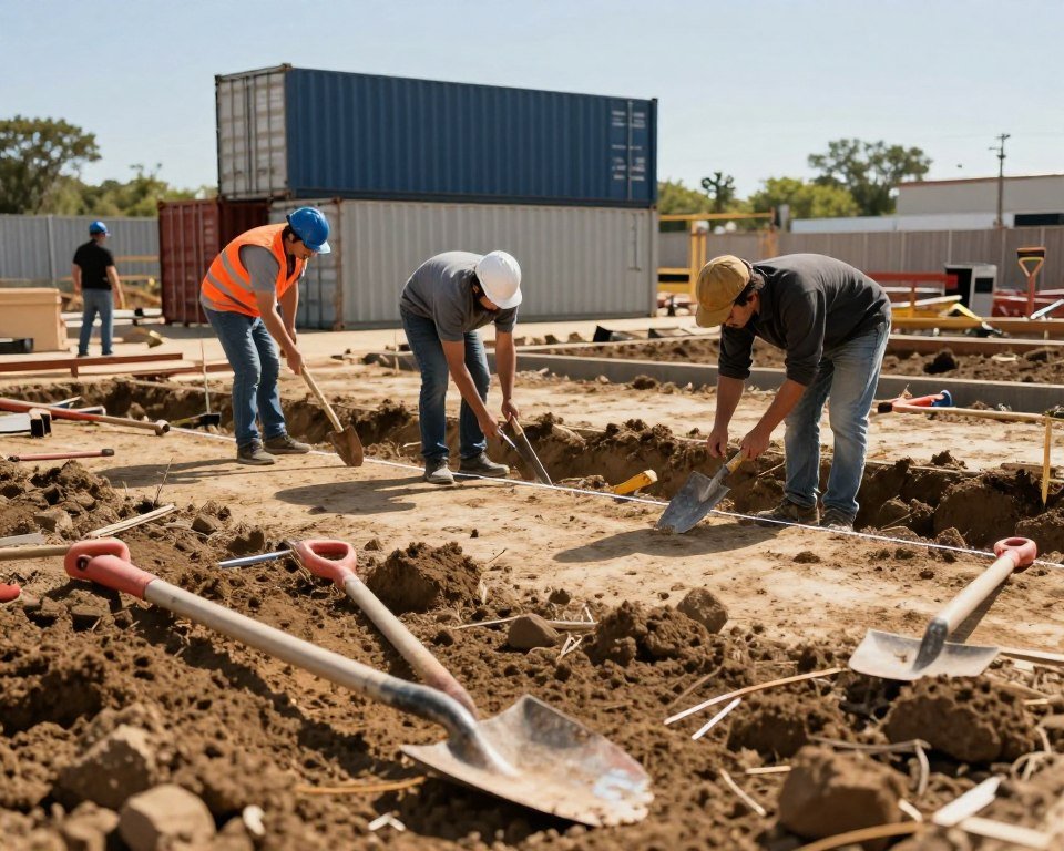 A detailed view of a construction site preparing for a shipping container home. In the foreground, shovel and mechanical tools lie on freshly turned earth, indicating ongoing excavation. In the middle, workers in professional casual attire are measuring and marking the area with chalk lines, focused on precise calculations for foundation placement. Behind them, large shipping containers can be seen stacked neatly, showcasing their metallic textures and colors, under a clear blue sky. The entire scene is bathed in warm, natural sunlight, creating a bright and productive atmosphere. A depth of field effect subtly blurs the distant trees and fencing, emphasizing the active site work. The overall mood is one of determination and progress, capturing the essence of site preparation and foundation work effectively. A detailed view of a construction site preparing for a shipping container home. In the foreground, shovel and mechanical tools lie on freshly turned earth, indicating ongoing excavation. In the middle, workers in professional casual attire are measuring and marking the area with chalk lines, focused on precise calculations for foundation placement. Behind them, large shipping containers can be seen stacked neatly, showcasing their metallic textures and colors, under a clear blue sky. The entire scene is bathed in warm, natural sunlight, creating a bright and productive atmosphere. A depth of field effect subtly blurs the distant trees and fencing, emphasizing the active site work. The overall mood is one of determination and progress, capturing the essence of site preparation and foundation work effectively.