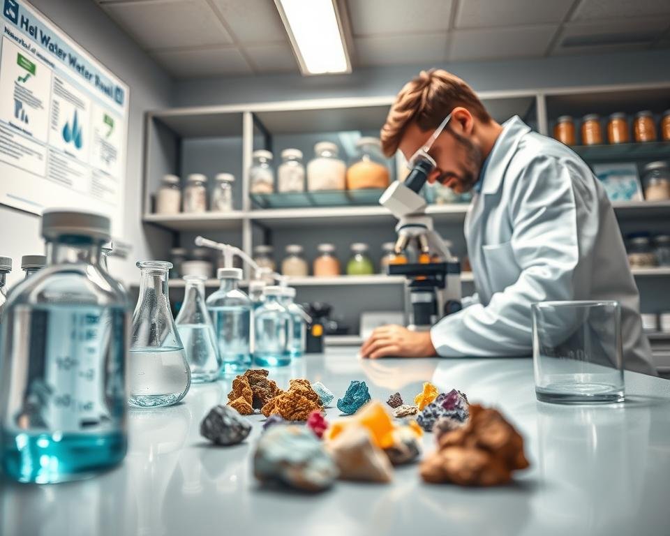 A detailed, visually engaging illustration of the mineral enrichment process, depicted in a laboratory setting. In the foreground, scientific equipment such as beakers and mineral samples are arranged on a polished countertop, with a focus on colorful mineral deposits. In the middle ground, a researcher in a white lab coat, wearing safety goggles, analyzes the mineral samples under a microscope, showcasing the human element in a professional manner. The background features shelves lined with jars containing various minerals and informational charts on water quality. Soft, bright lighting illuminates the space from above, creating a clean and focused ambiance. The angle is slightly elevated to capture both the researcher and the intricate details of the equipment, evoking a sense of discovery and innovation in water quality enhancement.