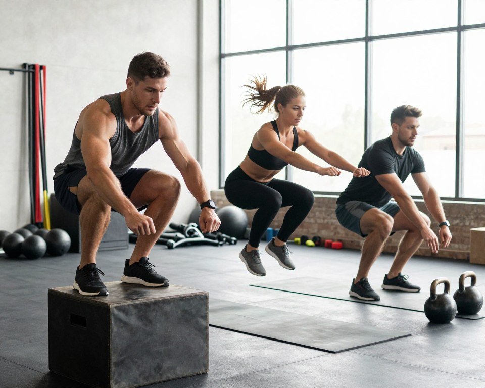 A dynamic athletic scene showcasing essential exercises for explosive power. In the foreground, a diverse group of three athletes performing a variety of plyometric exercises: a male athlete executing box jumps, a female athlete performing squat jumps, and another male athlete doing kettlebell swings. Their modest athletic attire highlights their muscular build and concentration. In the middle ground, a well-equipped gym setting with weights, resistance bands, and exercise mats. The background features a large window letting in natural light, creating a bright and energetic atmosphere. The camera angle captures the athletes in action, emphasizing their explosive movements and determination. The lighting is bright yet soft, enhancing the focus on their physical forms without harsh shadows. The mood is motivational and intense, conveying the dedication required for improving vertical jump power. A dynamic athletic scene showcasing essential exercises for explosive power. In the foreground, a diverse group of three athletes performing a variety of plyometric exercises: a male athlete executing box jumps, a female athlete performing squat jumps, and another male athlete doing kettlebell swings. Their modest athletic attire highlights their muscular build and concentration. In the middle ground, a well-equipped gym setting with weights, resistance bands, and exercise mats. The background features a large window letting in natural light, creating a bright and energetic atmosphere. The camera angle captures the athletes in action, emphasizing their explosive movements and determination. The lighting is bright yet soft, enhancing the focus on their physical forms without harsh shadows. The mood is motivational and intense, conveying the dedication required for improving vertical jump power.