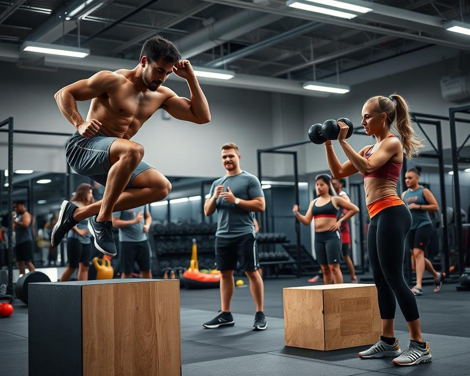 A dynamic gym setting featuring diverse individuals engaged in strength and plyometric training. In the foreground, a male athlete performs a powerful box jump, showcasing explosive energy, while a female athlete nearby lifts weights with focused determination. In the middle ground, a trainer instructs a small group on proper form, emphasizing the integration of these training methods. The background has various gym equipment like resistance bands and kettlebells, contributing to the atmosphere of a comprehensive workout environment. The scene is illuminated by bright overhead lights, casting sharp shadows, enhancing the sense of movement and intensity. The mood is energetic and motivational, capturing the essence of athletes pushing their limits to improve their vertical jump through combined training techniques.