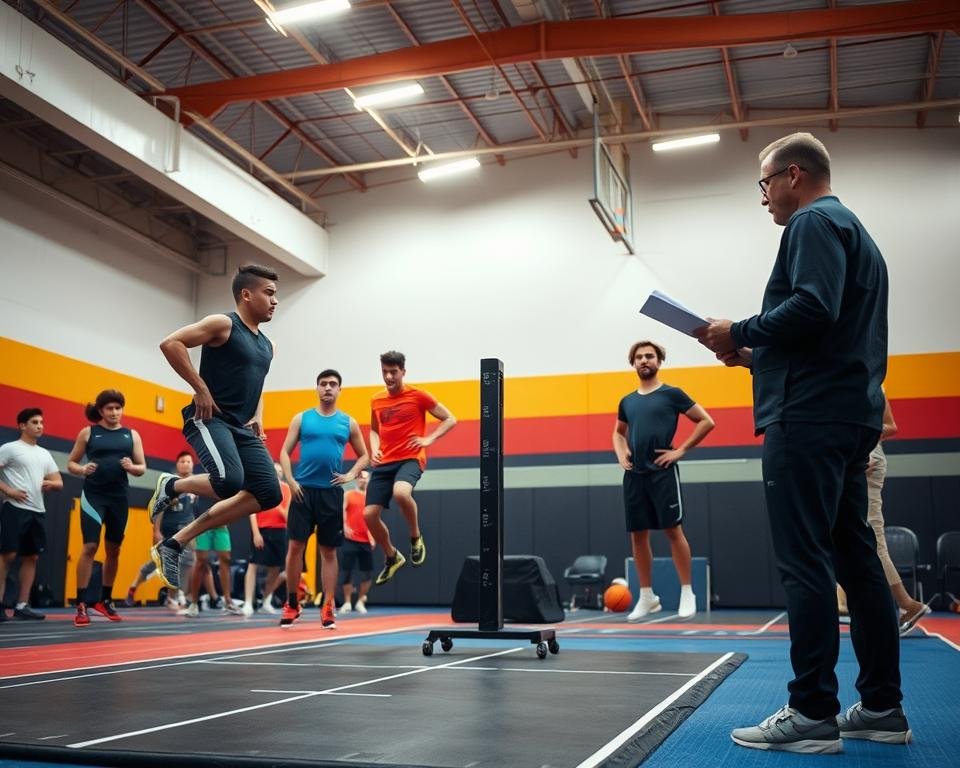 A dynamic indoor sports facility setting showcasing a vertical jump assessment. In the foreground, a diverse group of athletes in professional athletic wear, each performing varied jump techniques—straddle jump, squat jump, and approach jump—while being observed by a coach with a clipboard, taking notes on their performance. The middle ground features vertical measurement equipment such as a jump mat and a vertical jump measuring device, emphasizing precision and technique. The background includes a high ceiling with bright overhead lighting and vibrant gym colors to create an energetic atmosphere. Use a slightly angled perspective to highlight the athletes' movements and the tools effectively, conveying a sense of determination and professionalism in assessing vertical jump capacity. A dynamic indoor sports facility setting showcasing a vertical jump assessment. In the foreground, a diverse group of athletes in professional athletic wear, each performing varied jump techniques—straddle jump, squat jump, and approach jump—while being observed by a coach with a clipboard, taking notes on their performance. The middle ground features vertical measurement equipment such as a jump mat and a vertical jump measuring device, emphasizing precision and technique. The background includes a high ceiling with bright overhead lighting and vibrant gym colors to create an energetic atmosphere. Use a slightly angled perspective to highlight the athletes' movements and the tools effectively, conveying a sense of determination and professionalism in assessing vertical jump capacity.