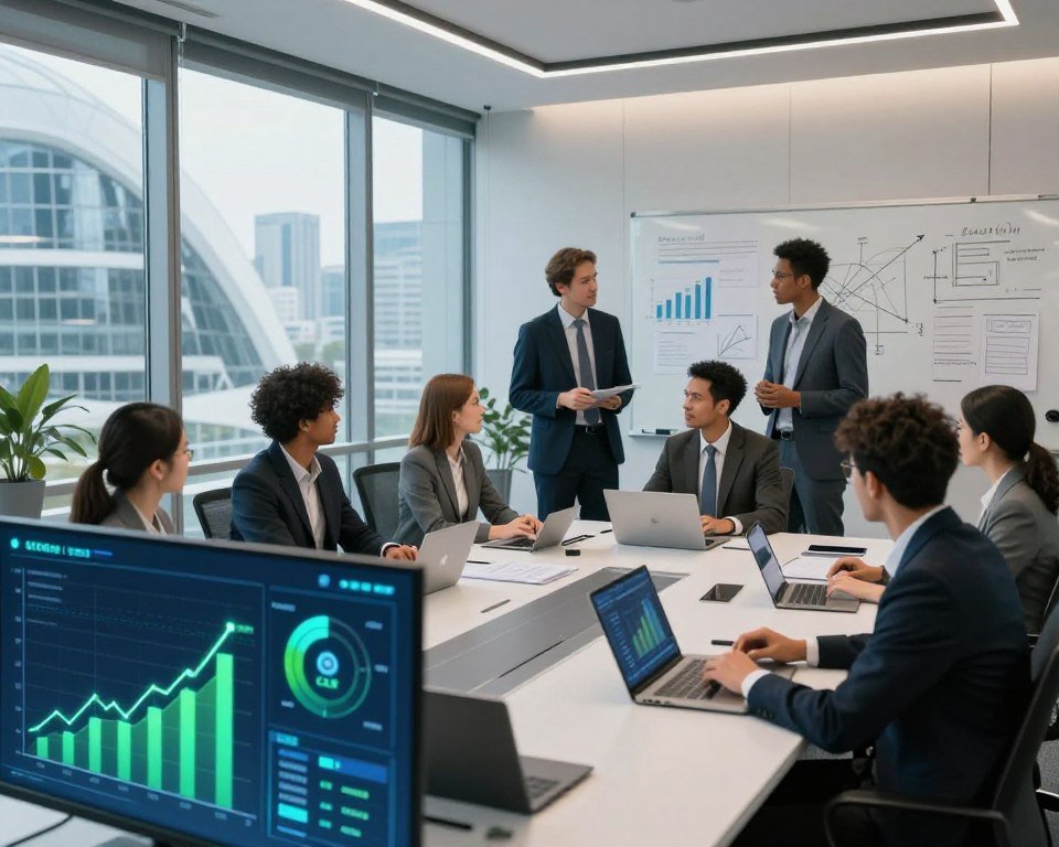 A futuristic office environment with modern design elements, showcasing a diverse group of professionals in business attire engaged in a collaborative meeting around a sleek table. In the foreground, a digital screen displays vibrant graphs and charts illustrating sales trends and CSR market analysis, with bright green and blue colors symbolizing growth and sustainability. The middle ground features a large window revealing a city skyline with advanced architecture, indicating innovation. In the background, a whiteboard is filled with notes and diagrams related to strategic planning. Soft, ambient lighting creates an optimistic atmosphere, highlighting a sense of progress and teamwork. The angle is slightly elevated, capturing the entire scene in a dynamic and engaging perspective. A futuristic office environment with modern design elements, showcasing a diverse group of professionals in business attire engaged in a collaborative meeting around a sleek table. In the foreground, a digital screen displays vibrant graphs and charts illustrating sales trends and CSR market analysis, with bright green and blue colors symbolizing growth and sustainability. The middle ground features a large window revealing a city skyline with advanced architecture, indicating innovation. In the background, a whiteboard is filled with notes and diagrams related to strategic planning. Soft, ambient lighting creates an optimistic atmosphere, highlighting a sense of progress and teamwork. The angle is slightly elevated, capturing the entire scene in a dynamic and engaging perspective.