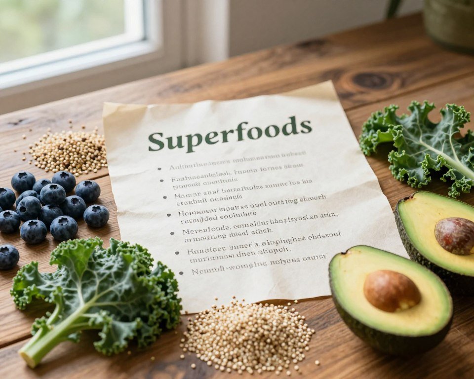 A meticulously arranged flat lay showcasing a list of science-backed superfoods. In the foreground, vibrant, fresh superfoods like blueberries, kale, quinoa, and avocados are artistically displayed on a rustic wooden table. In the middle, there is an elegant, clean list formatted on a piece of parchment paper, highlighting each food with brief bullet points on their health benefits. The background features soft, natural lighting streaming in from a window, creating a warm and inviting atmosphere. The scene is captured with a shallow depth of field, focusing on the superfoods while gently blurring the edges. The mood is inspiring, promoting health and wellness in a visually appealing manner, perfect for a health article.