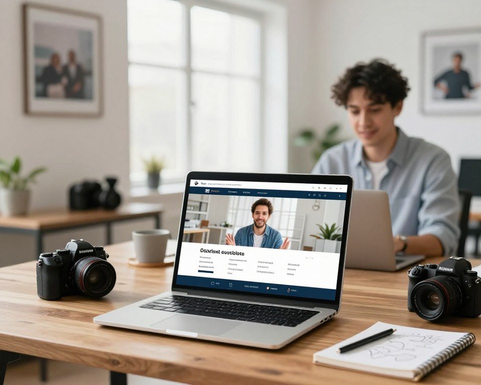 A modern and sleek photography services client booking system displayed on a laptop screen in an inviting office space. In the foreground, the laptop sits on a stylish wooden desk, surrounded by neatly organized photography gear, including a camera and a notebook filled with ideas. In the middle, a confident professional, dressed in business casual attire, is engaging with a client over video call, showcasing effective communication and collaboration. The background features a bright and airy space, with a large window allowing soft, natural light to flood in, and framed photographs on the walls, highlighting successful photo shoots. The overall mood is productive and inspiring, emphasizing the efficiency and accessibility of online booking systems in the photography industry.