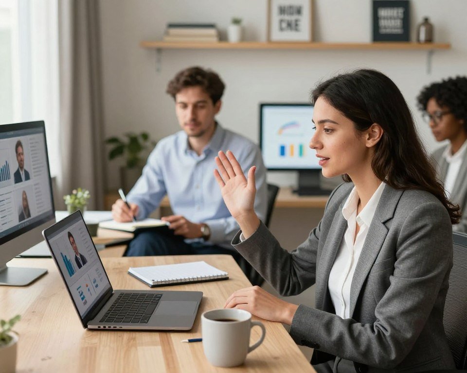 A modern home office scene depicting a diverse group of sales professionals engaged in a virtual meeting. In the foreground, a confident woman in business attire is passionately presenting via video call, surrounded by a sleek laptop, notepad, and coffee mug. In the middle ground, a man dressed in a smart casual shirt is taking notes, while another colleague shows charts on their monitor. Soft, natural light filters through a window, creating a warm and inviting atmosphere. The background features shelves with books and motivational quotes, emphasizing a focused work environment. The overall mood should feel dynamic, professional, and collaborative, highlighting the current market demand for remote sales roles.