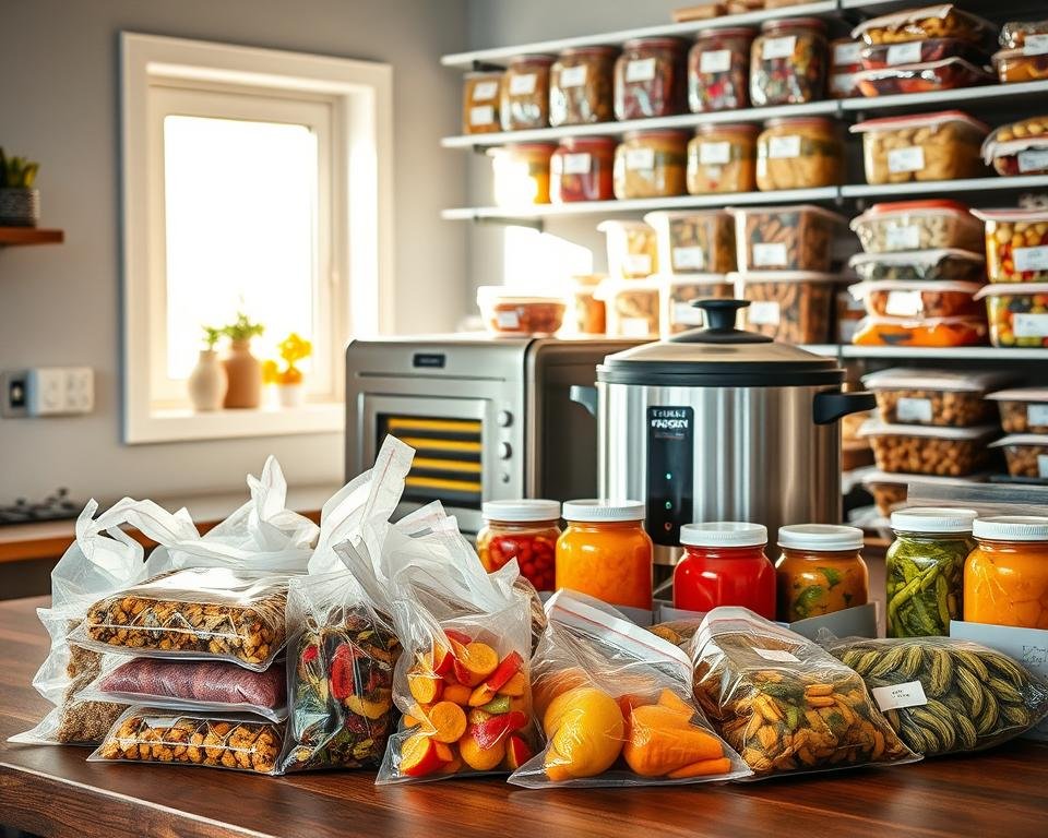 A modern kitchen scene showcasing advanced food storage techniques. In the foreground, transparent vacuum-sealed bags filled with various preserved foods are neatly arranged on a wooden countertop. In the middle, a stainless steel food dehydrator and a large pressure canner are highlighted, surrounded by jars of dehydrated fruits and vegetables, all meticulously labeled. The background features shelves filled with neatly stacked, labeled plastic containers and mylar bags, displaying a rainbow of preserved goods. Soft, natural sunlight streams through a nearby window, casting warm highlights on the materials, enhancing the clean and organized atmosphere. The mood is one of preparedness and efficiency, evoking a sense of security in long-term food storage practices.