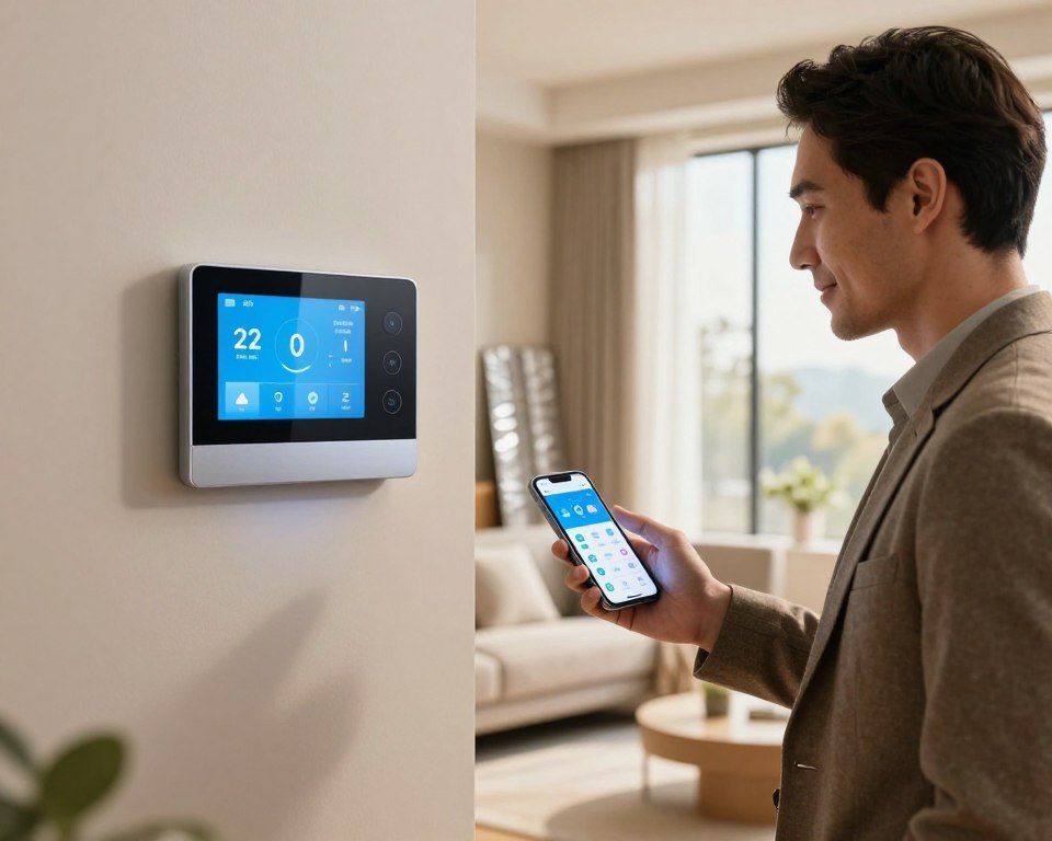 A modern living room featuring a sleek smart thermostat mounted on a wall, displaying a digital interface that shows optimal heating and cooling settings. In the foreground, a well-dressed professional in business casual attire is interacting with the thermostat using a smartphone app, with a look of satisfaction. The middle ground includes energy-efficient home insulation materials visible in a corner, showcasing high-quality foam and reflective barriers. The background depicts large windows allowing soft, natural light to flood in, emphasizing a cozy atmosphere. The lighting is warm and inviting, with a focus on energy efficiency. The overall mood should convey a sense of empowerment and control over energy consumption, highlighting the benefits of smart technology in home management. A modern living room featuring a sleek smart thermostat mounted on a wall, displaying a digital interface that shows optimal heating and cooling settings. In the foreground, a well-dressed professional in business casual attire is interacting with the thermostat using a smartphone app, with a look of satisfaction. The middle ground includes energy-efficient home insulation materials visible in a corner, showcasing high-quality foam and reflective barriers. The background depicts large windows allowing soft, natural light to flood in, emphasizing a cozy atmosphere. The lighting is warm and inviting, with a focus on energy efficiency. The overall mood should convey a sense of empowerment and control over energy consumption, highlighting the benefits of smart technology in home management.